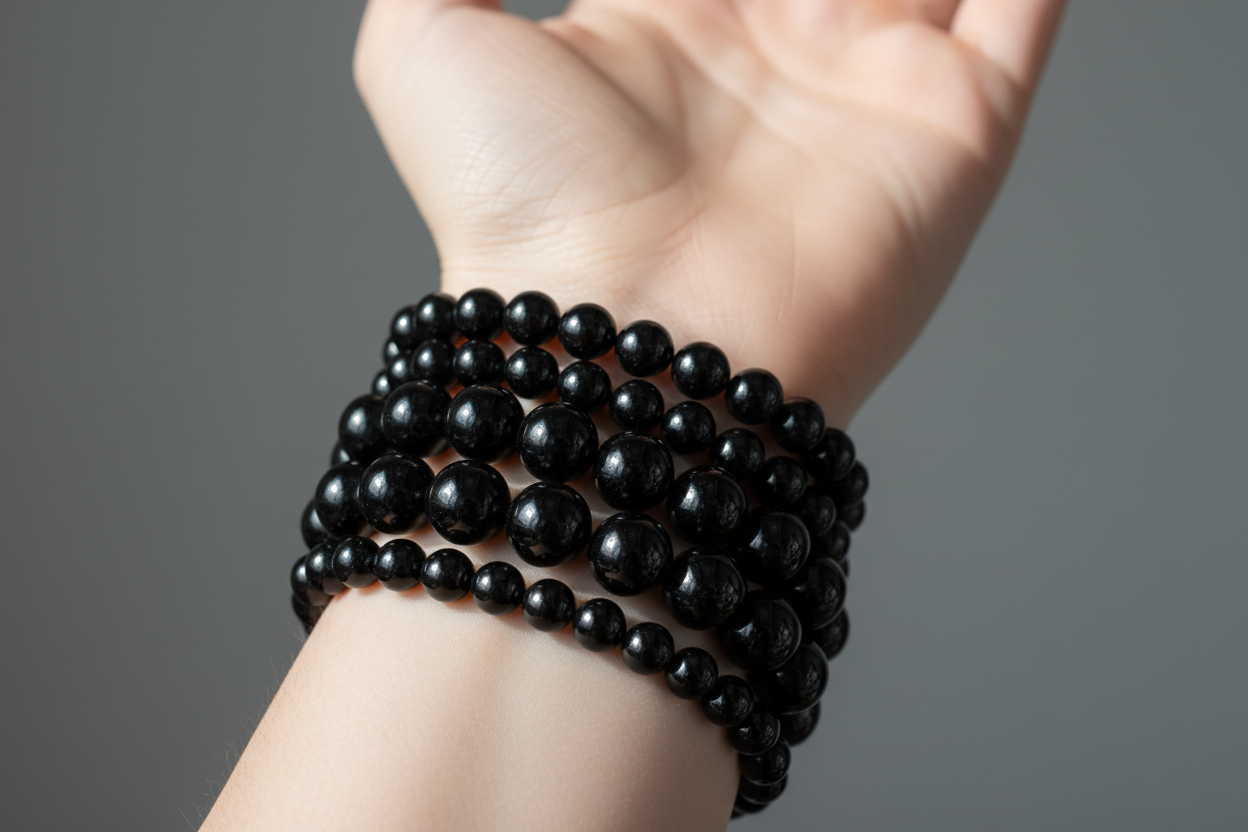 mano con pulseras de obsidiana de diferente tamaño